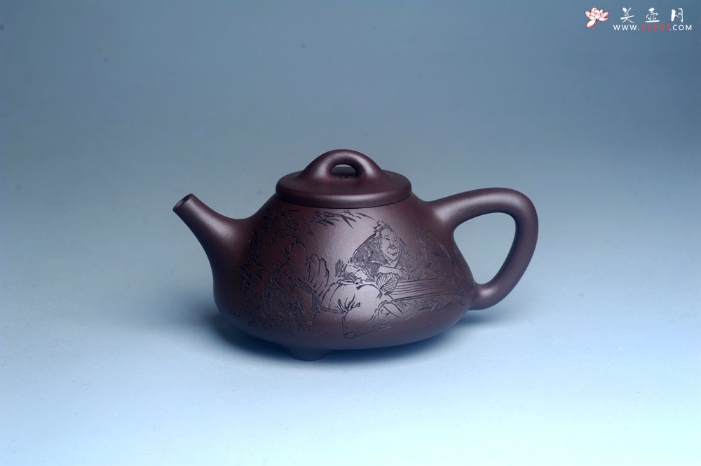 紫砂壶图片：实力派工艺师周斌优质底槽清全手工精工子冶石瓢 装饰竹林七贤 特文气 - 全手工紫砂壶网