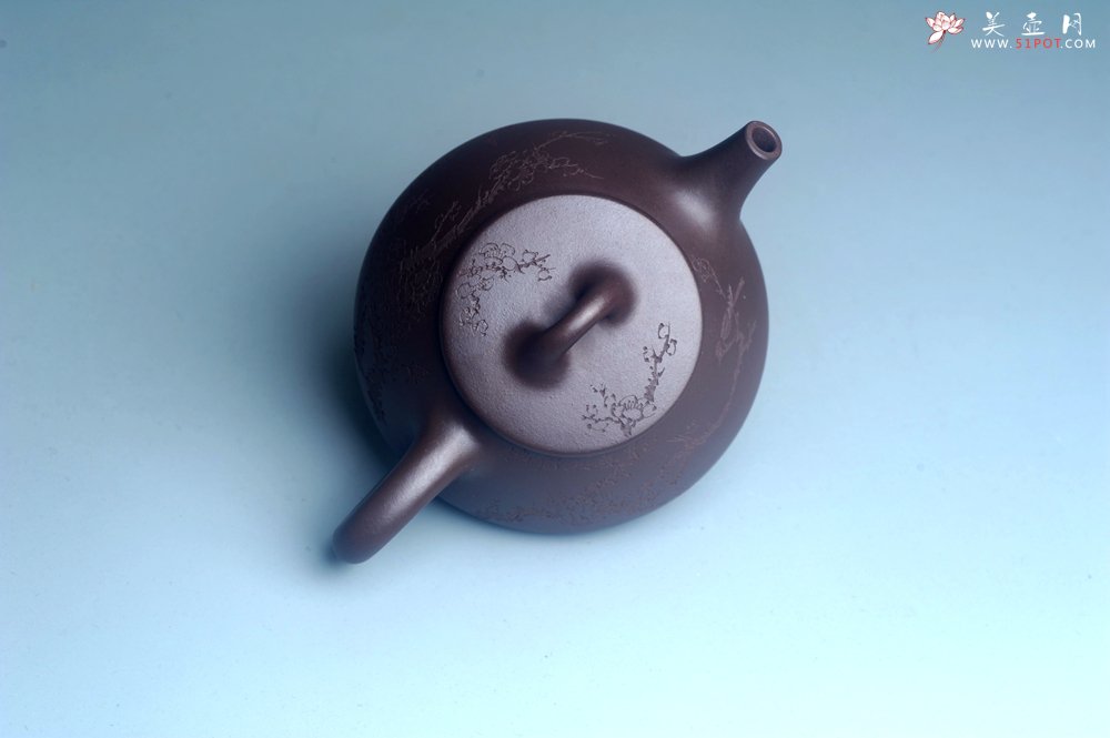 紫砂壶图片：油润底曹青 全手工石瓢壶 装饰喜上眉梢 特文气 - 全手工紫砂壶网