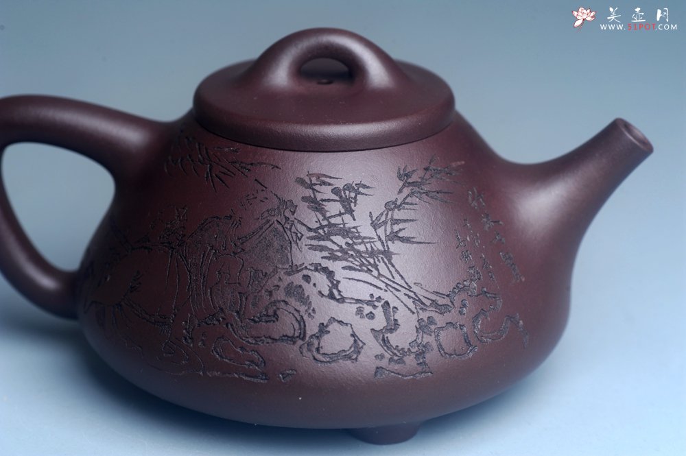 紫砂壶图片：实力派工艺师周斌优质底槽清全手工精工子冶石瓢 装饰竹林七贤 特文气 - 全手工紫砂壶网