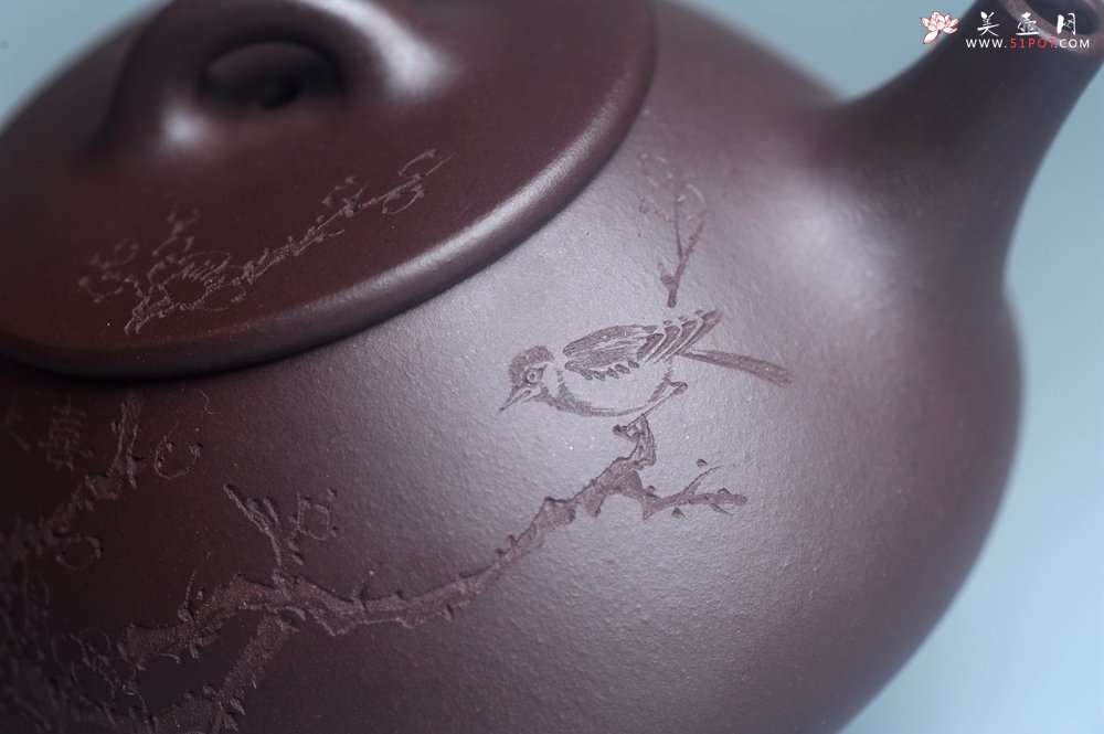 紫砂壶图片：油润底曹青 全手工石瓢壶 装饰喜上眉梢 特文气 - 全手工紫砂壶网