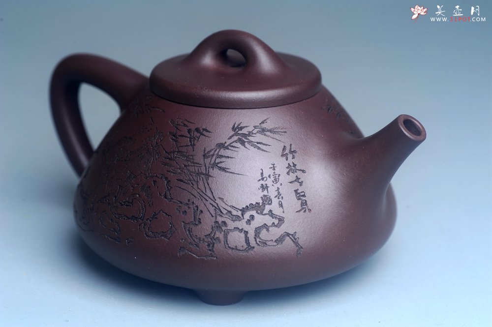 紫砂壶图片：实力派工艺师周斌优质底槽清全手工精工子冶石瓢 装饰竹林七贤 特文气 - 全手工紫砂壶网