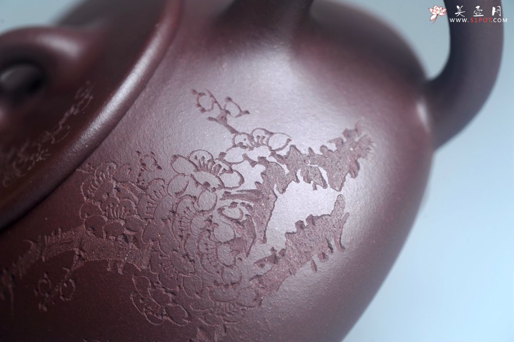 紫砂壶图片：油润底曹青 全手工石瓢壶 装饰喜上眉梢 特文气 - 全手工紫砂壶网