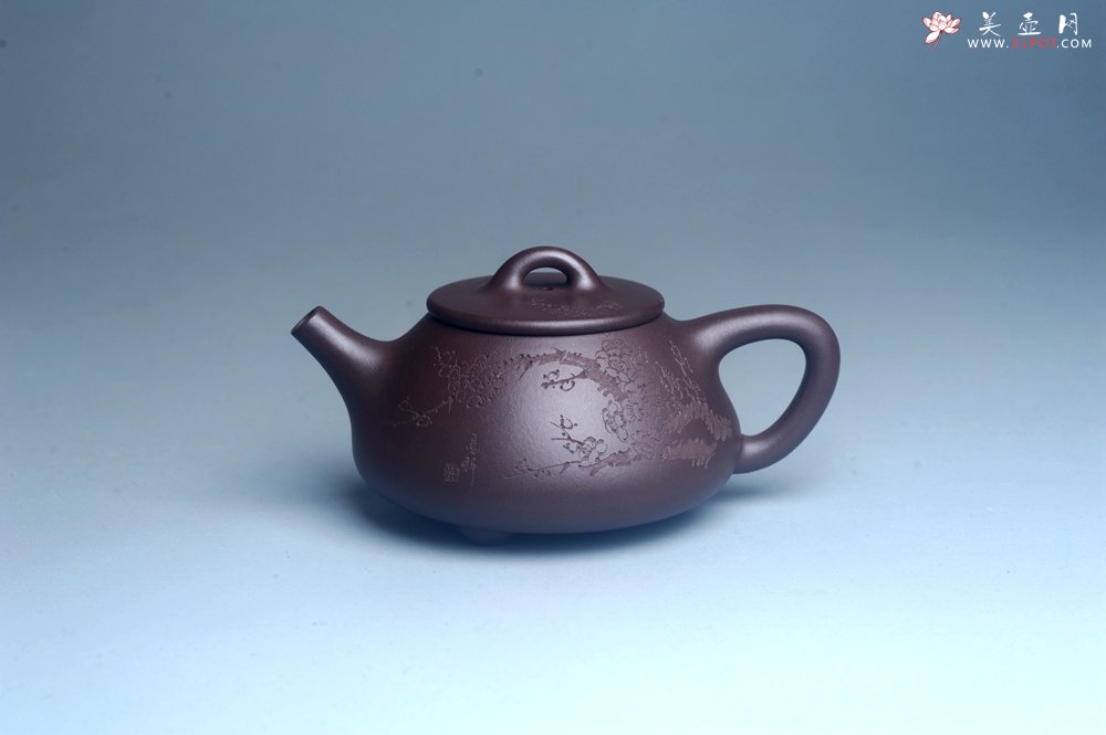 紫砂壶图片：油润底曹青 全手工石瓢壶 装饰喜上眉梢 特文气 - 全手工紫砂壶网