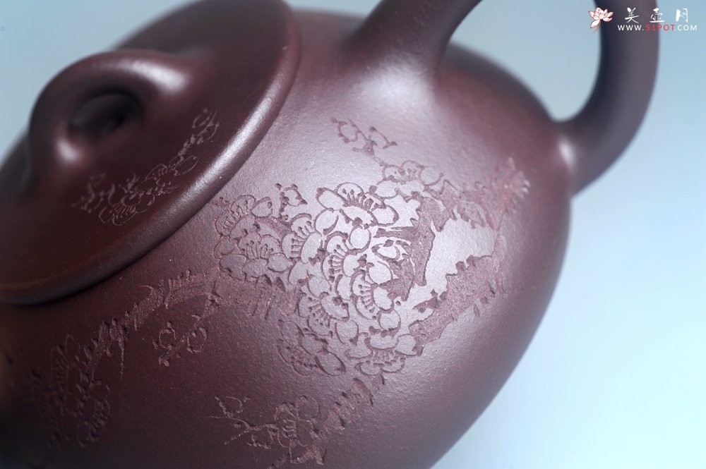 紫砂壶图片：油润底曹青 全手工石瓢壶 装饰喜上眉梢 特文气 - 全手工紫砂壶网