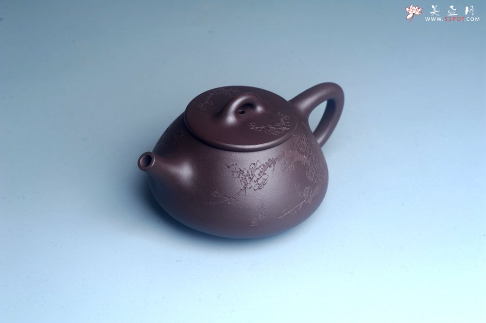紫砂壶图片：油润底曹青 全手工石瓢壶 装饰喜上眉梢 特文气 - 全手工紫砂壶网