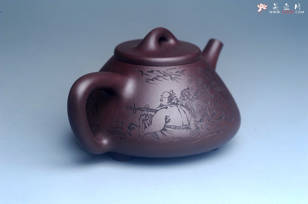 紫砂壶图片：实力派工艺师周斌优质底槽清全手工精工子冶石瓢 装饰竹林七贤 特文气 - 全手工紫砂壶网