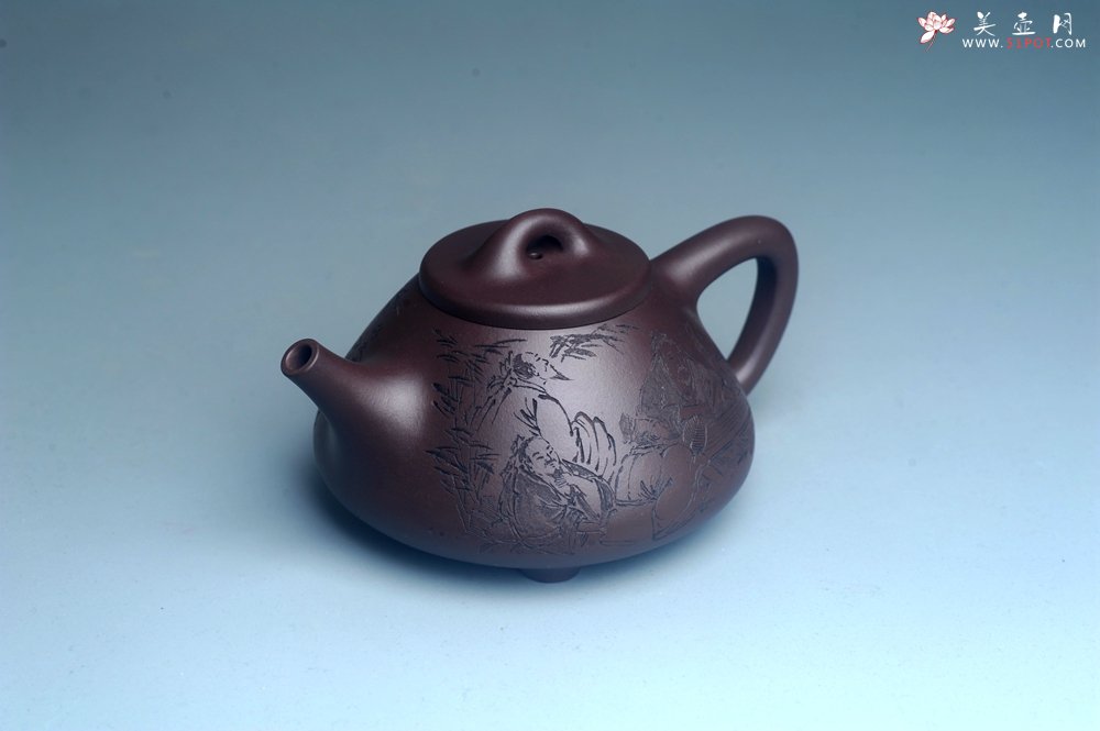 紫砂壶图片：实力派工艺师周斌优质底槽清全手工精工子冶石瓢 装饰竹林七贤 特文气 - 全手工紫砂壶网
