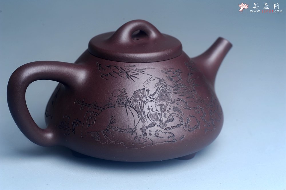 紫砂壶图片：实力派工艺师周斌优质底槽清全手工精工子冶石瓢 装饰竹林七贤 特文气 - 全手工紫砂壶网