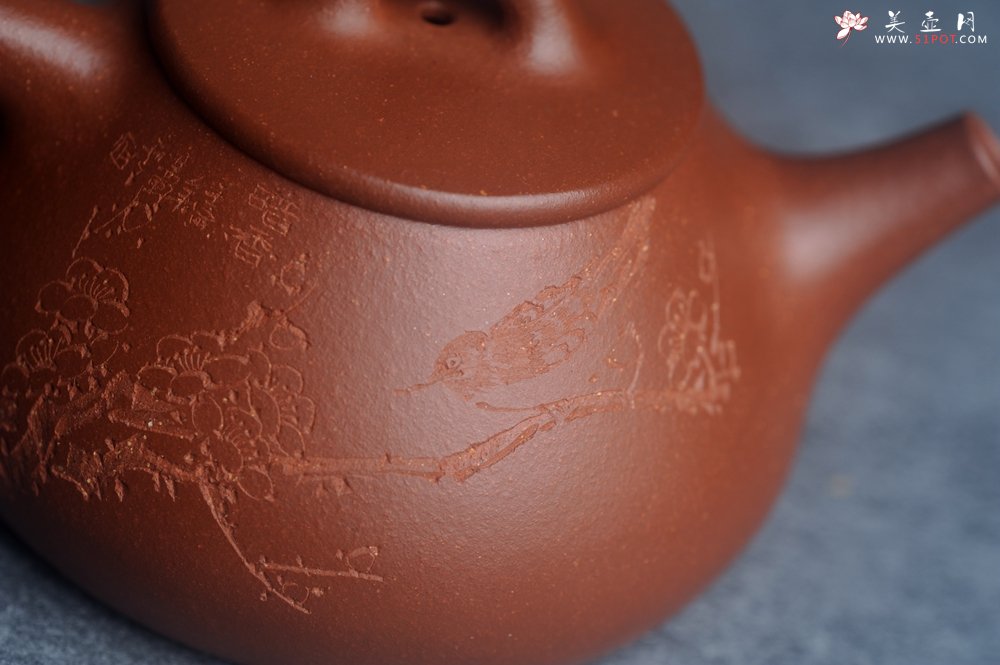 紫砂壶图片：美壶特惠 王老师全手工红降坡合瓢壶230cc 国助工 易轩 杨志超老师刻绘 装饰喜上眉梢特文气 - 全手工紫砂壶网
