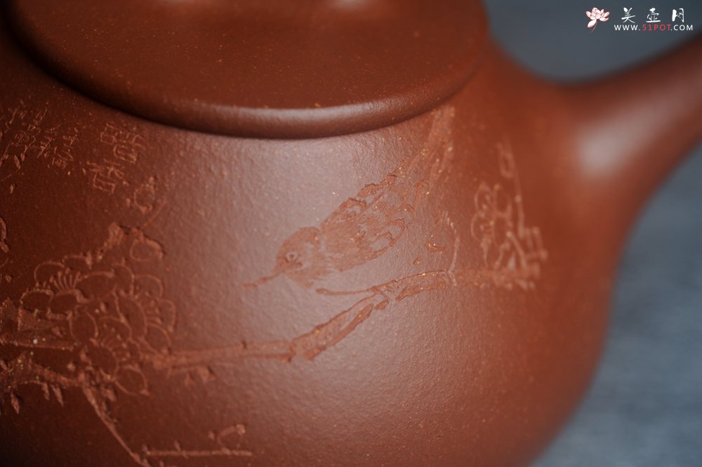 紫砂壶图片：美壶特惠 王老师全手工红降坡合瓢壶230cc 国助工 易轩 杨志超老师刻绘 装饰喜上眉梢特文气 - 全手工紫砂壶网