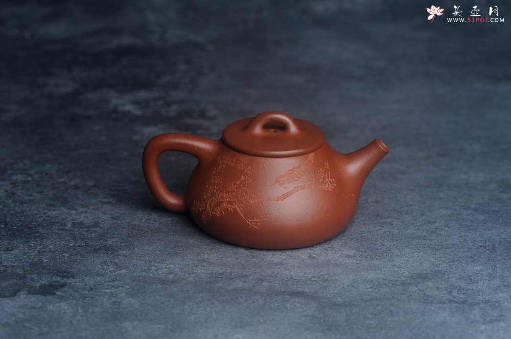 紫砂壶图片：美壶特惠 王老师全手工红降坡合瓢壶230cc 国助工 易轩 杨志超老师刻绘 装饰喜上眉梢特文气 - 全手工紫砂壶网