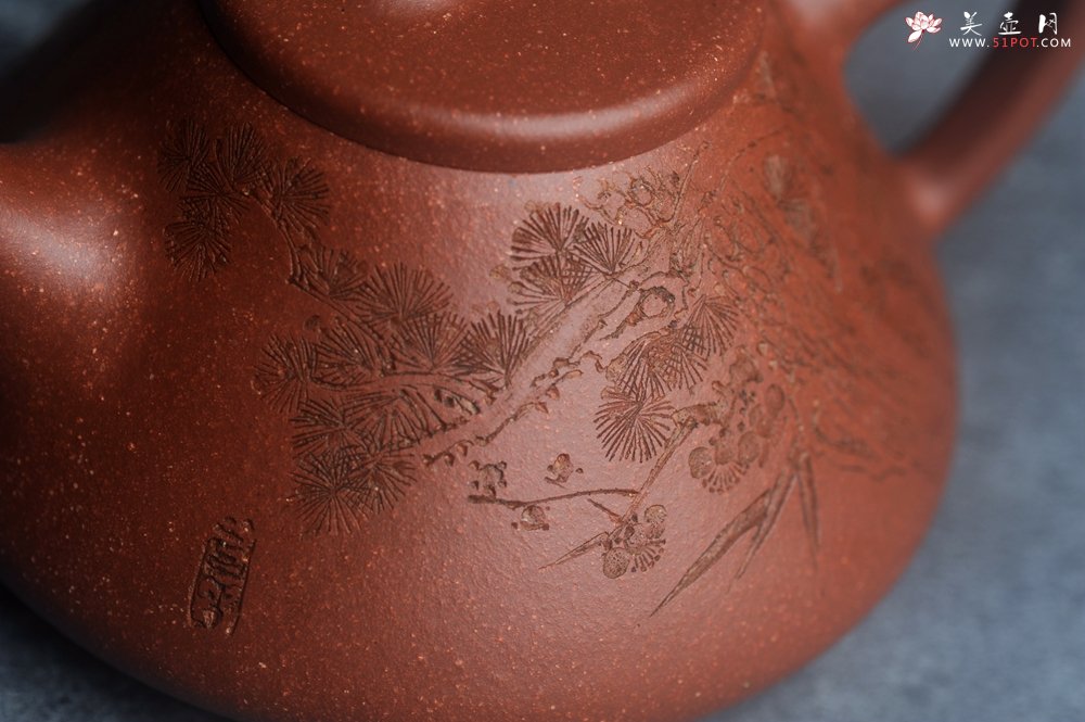 紫砂壶图片：潜力股周小培全手工降坡泥子冶石瓢 范小君徒杨志超装饰岁寒三友 特文气 - 全手工紫砂壶网