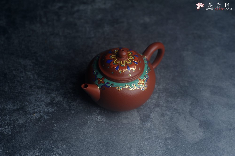 紫砂壶图片：美壶特惠 优质朱泥宫廷风格珐琅彩水平壶 茶人醉爱 - 全手工紫砂壶网