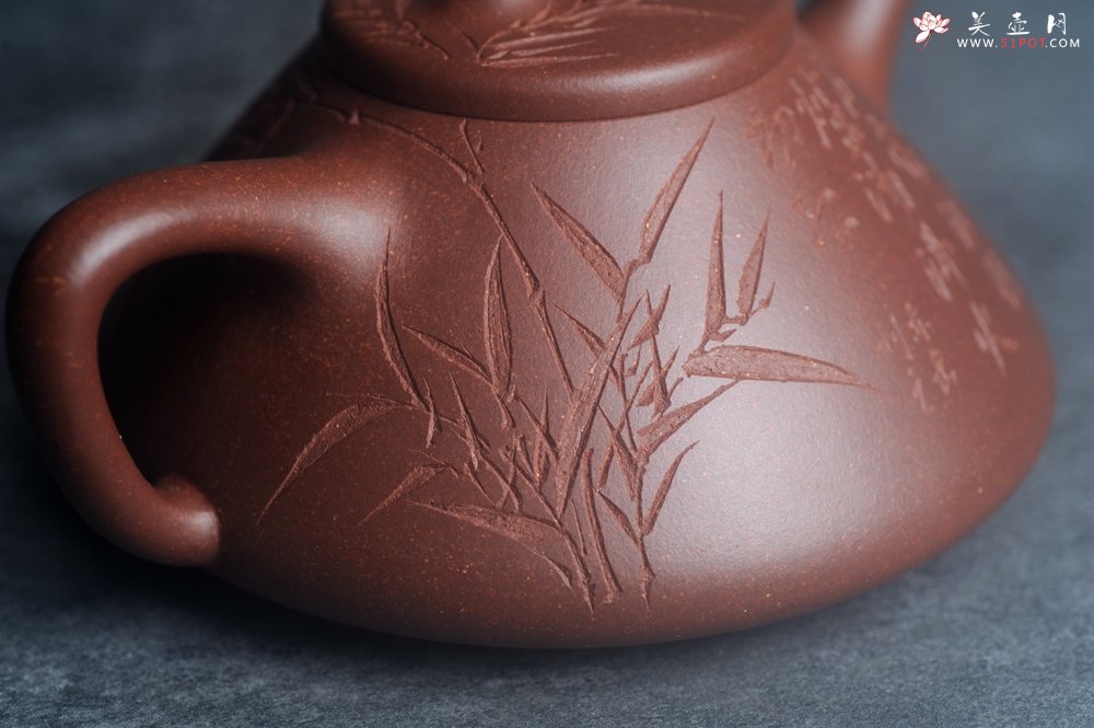 紫砂壶图片：美壶特惠 特好老紫泥子冶石瓢 范小君徒装饰君子竹  寒夜客来茶当酒 竹炉汤沸火初红 - 全手工紫砂壶网