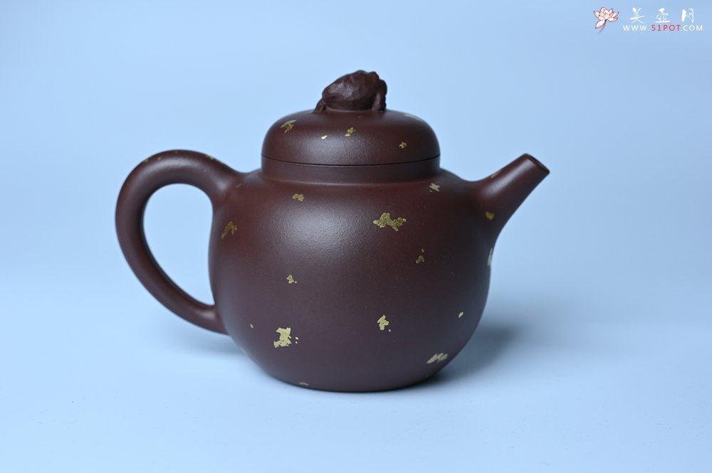 紫砂壶图片：潜力股周小培 全手工原创招财壶200cc 金蟾屹立于壶盖 撒金工艺铺满壶身 寓意黄金落满地 招财进宝 - 全手工紫砂壶网