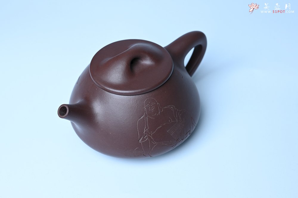 紫砂壶图片：油润底曹青 全手工景舟小石瓢 装饰人物 特文气 - 全手工紫砂壶网