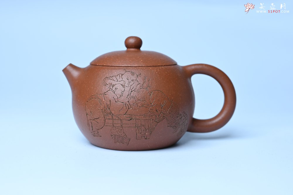 紫砂壶图片：油润降坡泥全手工小品西施壶  装饰童子图 天真无邪 - 全手工紫砂壶网