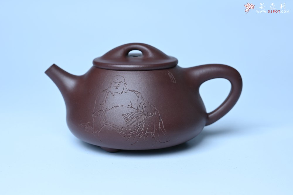 紫砂壶图片：油润底曹青 全手工景舟小石瓢 装饰人物 特文气 - 全手工紫砂壶网