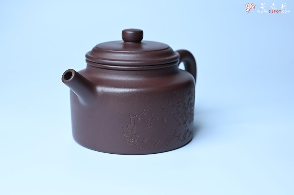 紫砂壶图片：油润底曹青 全手工德中茶壶 装饰人物特文气 - 全手工紫砂壶网