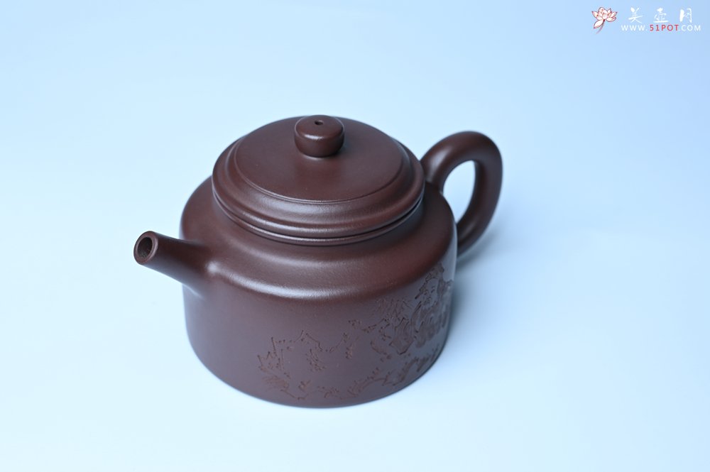 紫砂壶图片：油润底曹青 全手工德中茶壶 装饰人物特文气 - 全手工紫砂壶网
