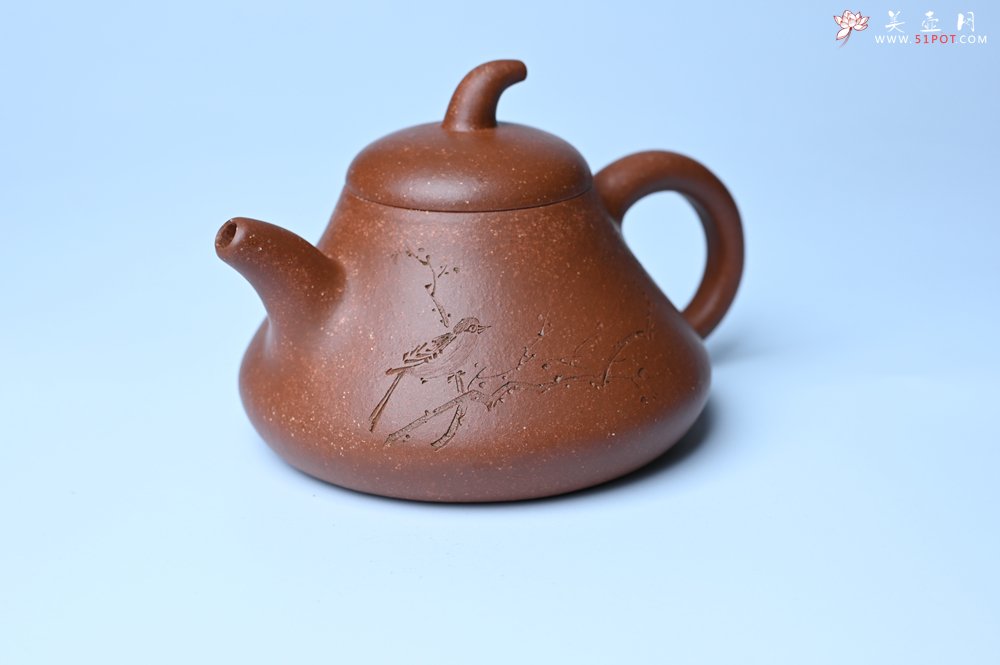 紫砂壶图片：美壶特惠 潜力股王老师 全手工拍打成型茄瓢壶 装饰枯枝鸟 特文气 - 全手工紫砂壶网