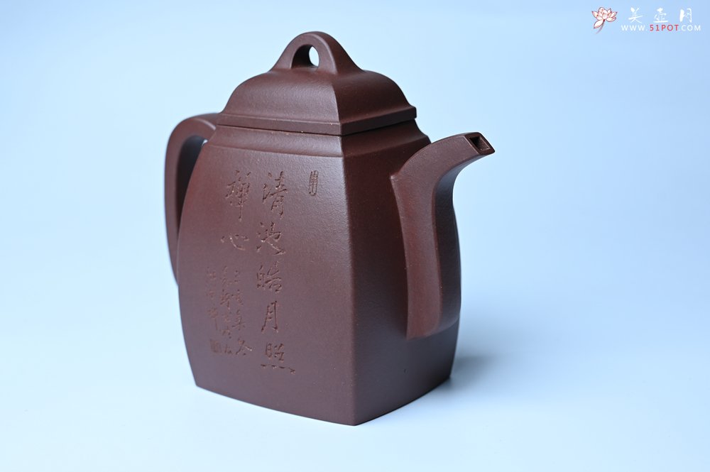 紫砂壶图片：全手工精致汉方壶 清池皓月照禅心 禅意浓浓 - 全手工紫砂壶网