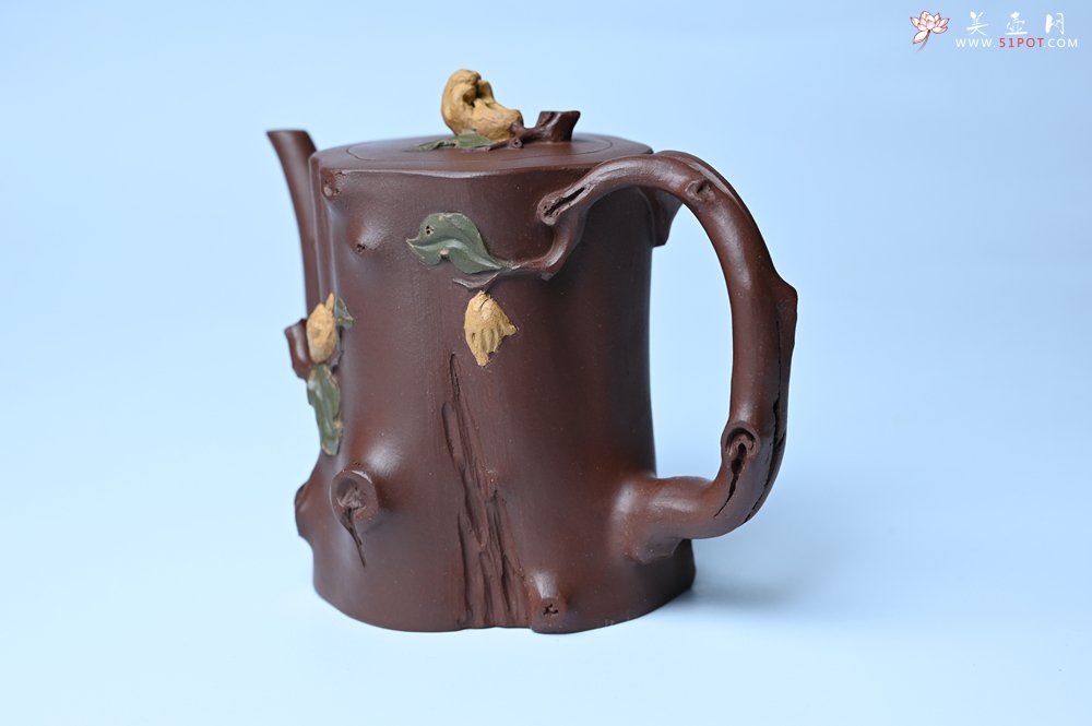 紫砂壶图片：潜力股赵老师 优质紫泥全手工佛手桩紫砂壶 三色帖叶生动 佛手灵动 - 全手工紫砂壶网