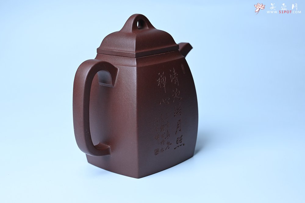 紫砂壶图片：全手工精致汉方壶 清池皓月照禅心 禅意浓浓 - 全手工紫砂壶网