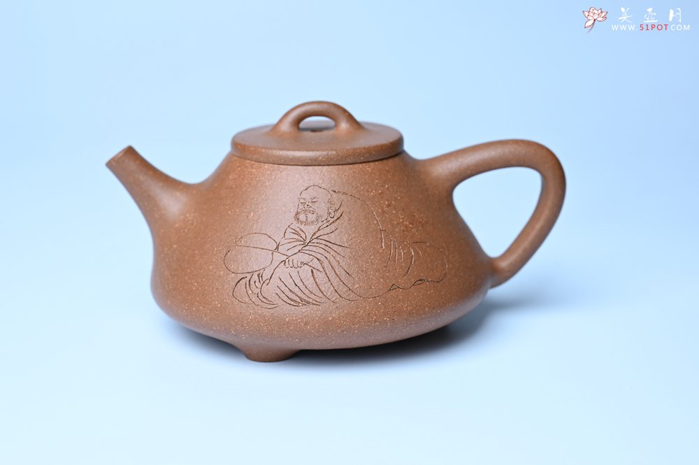 紫砂壶图片：油润五彩段泥 全手工薄胎子冶石瓢 难度大 骨肉匀挺 文气装饰罗汉图 - 全手工紫砂壶网