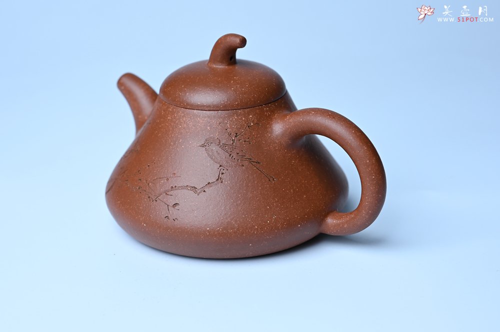 紫砂壶图片：美壶特惠 潜力股王老师 全手工拍打成型茄瓢壶 装饰枯枝鸟 特文气 - 全手工紫砂壶网
