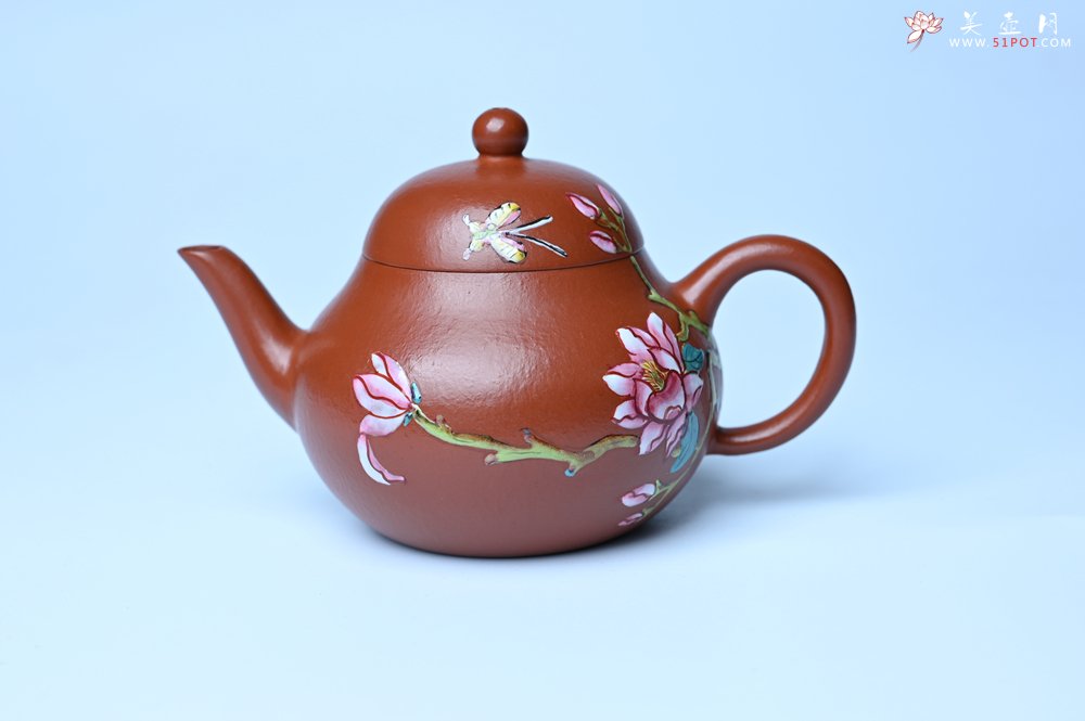 紫砂壶图片：美壶特惠 优质朱泥梨形壶 蝶恋花 茶人醉爱 - 全手工紫砂壶网