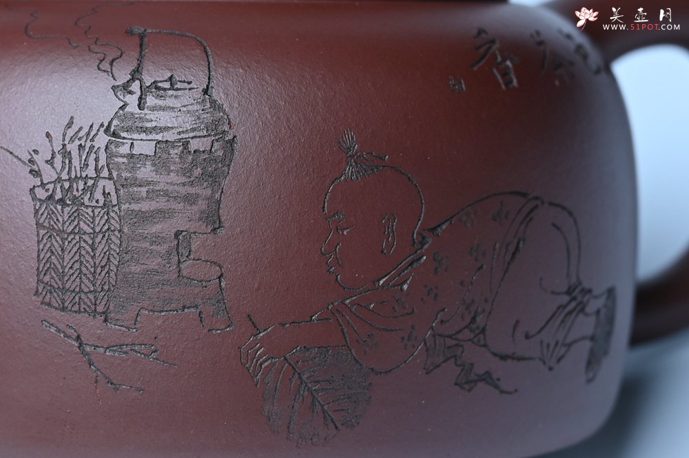 紫砂壶图片：潜力股周小培老师 4号井深井红皮龙 全手工过桥井栏壶 装饰人物特文气 - 全手工紫砂壶网