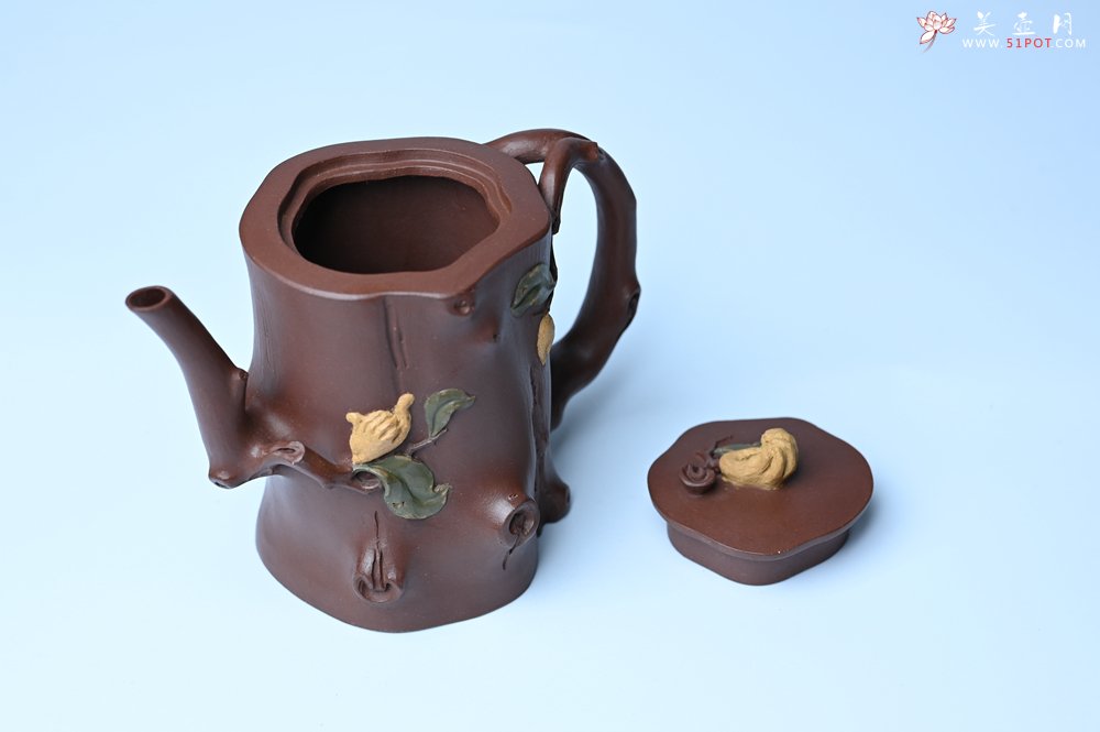 紫砂壶图片：潜力股赵老师 优质紫泥全手工佛手桩紫砂壶 三色帖叶生动 佛手灵动 - 全手工紫砂壶网
